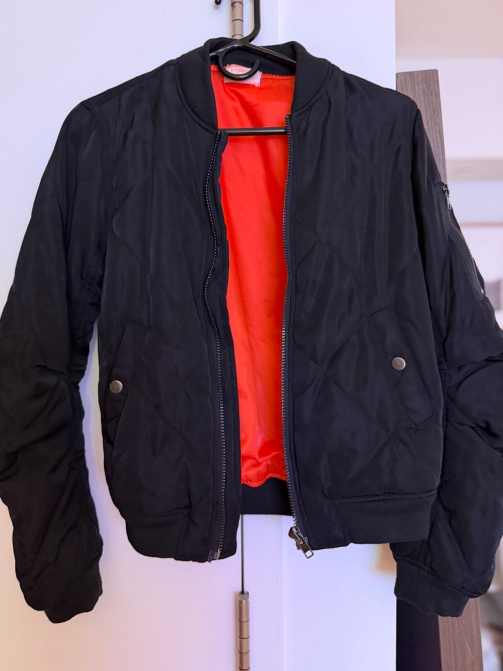 Unisex Black Bomber Jacket with orange lining